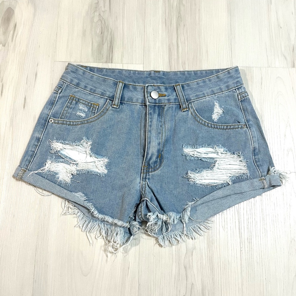 NWOT Blue Ripped Rolled Hem Medium Wash Denim Jean Shorts